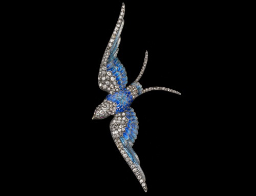 Anton Lachmann, Austria. <em>Blue Bird</em> c. 1880.  14kt yellow gold, silver enamel, rubbies, diamonds. 4.3 x 2 inches. Photo: John Bigelow Taylor.