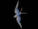 Anton Lachmann, Austria. <em>Blue Bird</em> c. 1880.  14kt yellow gold, silver enamel, rubbies, diamonds. 4.3 x 2 inches. Photo: John Bigelow Taylor.