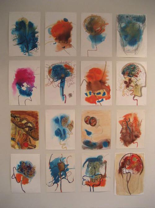 Susan Aldworth. <em>Location Drawings</em>, 2005–06. Acrylic inks on paper, 42 x 30 cm each (installation shot from ‘Scribing the Soul’ at Transition Gallery)