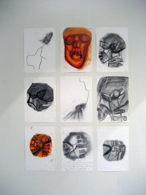 Susan Aldworth. <em>Location Drawings</em>, 2000–02. Charcoal and chalk paste on paper, 42 x 29.5 cm each (installation shot from <em>Scribing the Soul</em> at Transition Gallery)