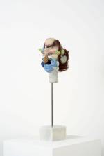 David Altmejd. Juliette's Self Portrait, 2015. Polyurethane foam, epoxy gel, epoxy clay, resin, acrylic paint, bronze, synthetic hair, synthetic lashes, glass eyes, cavansite, steel, marble, 75 x 19.5 x 23 cm (29 1/2 x 7 5/8 x 9 1/8 in).
