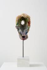 David Altmejd. Eye, 2015. Polyurethane foam, epoxy clay, epoxy gel, acrylic paint, synthetic hair, resin, glass stain, quartz, pyrite, celestite, amethyst, fluorite, steel, marble, 60 x 15.5 x 14 cm (23 5/8 x 6 1/8 x 5 1/2 in).