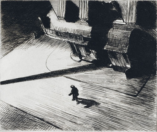 Edward Hopper. Night shadows, 1921. Etching, 17.5 x 21 cm. Philadelphia Museum of Art: Purchased with the Thomas Skelton Harrison Fund, 1962. © Philadelphia museum of art.