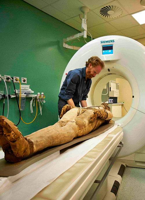 A mummy undergoing a CT scan at the Royal Brompton Hospital, London. © Trustees of the British Museum.