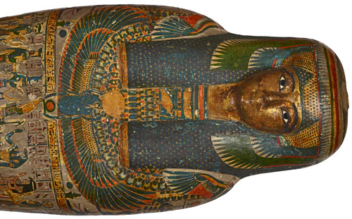 Cartonnage of a priestess, adult, casing with a gilded face, named Tayesmutengebtiu, also called Tamut. Found in Thebes, 22nd Dynasty (c900 BC). © Trustees of the British Museum.