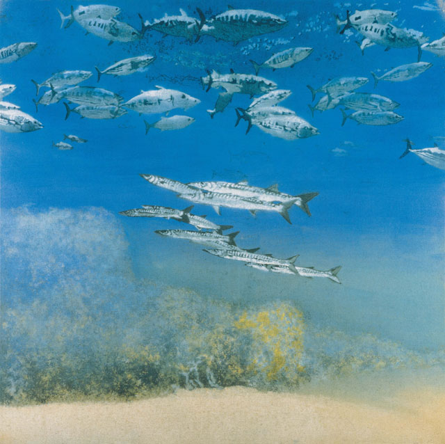 Michael Andrews. School IV: Barracuda under Skipjack Tuna, 1978. Acrylic on canvas, 175.2 x 175.2 cm (69 × 69 in). © The Estate of Michael Andrews, courtesy James Hyman Gallery, London.