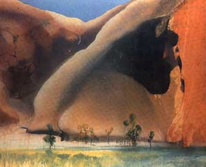 Michael Andrews. Permanent Water. Mutidjula, by the Kunia massif (Maggie Springs, Ayers Rock). 1985-86. Acrylic on canvas. 7 feet x 8 feet x 6 inches.