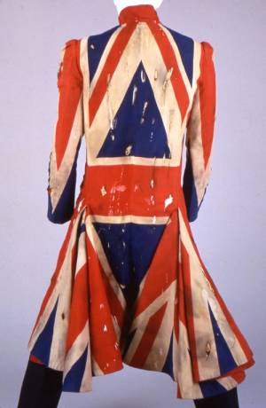 Jacket, 1996-97. Union Jack jacket designed by Alexander McQueen in collaboration with David Bowie, using distressed fabric. Worn by David Bowie on the Earthling album tour, 1996-97. Collection of David Bowie. 