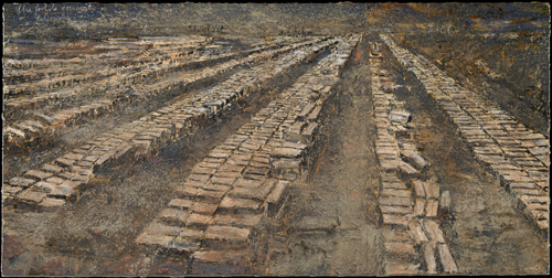 Anselm Kiefer. <em>Heliopolis</em> 2009. Acrylic, oil, shellac and sand on canvas, 110 1/4 x 224 7/16 inches (280 x 570 cm). 