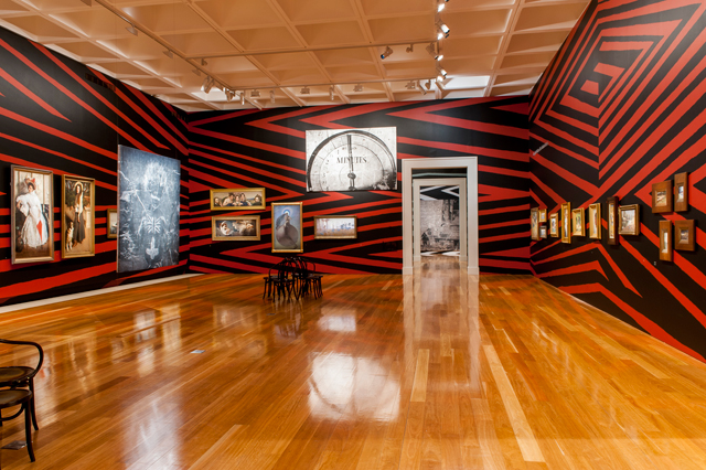 Brook Andrew. Wiradjuri people, Intervening time, 2015. Museum intervention including TIME 2012, wall painting, and works from the Queensland Art Gallery Collection. Courtesy: The artist and Tolarno Galleries, Melbourne. Collection: Queensland Art Gallery.