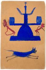 Bill Traylor. <em>Untitled (Blue and Red Construction with Running Dog and Figures),</em> c1939-42. Pencil and tempera on found cardboard, 11¾ x 7¾ in. Ricco Maresca Gallery. Photograph: Miguel Benavides.