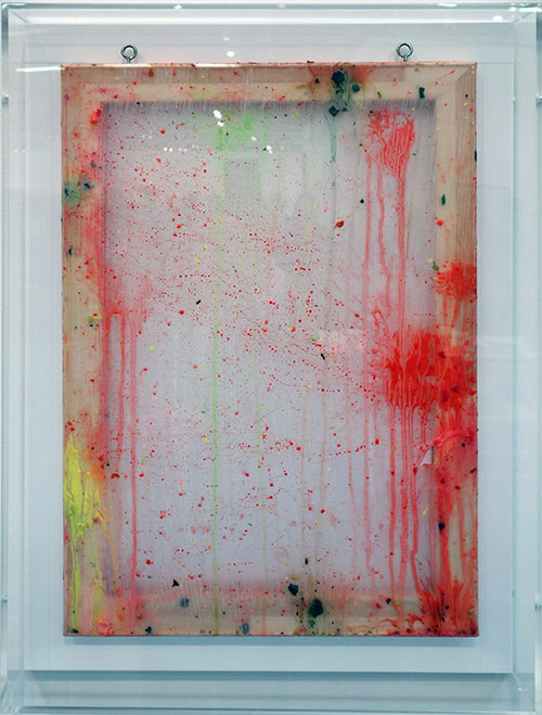 Ken Okiishi. Robot-assisted splatter paintings behind Plexiglass. Pilar Corrias Gallery.