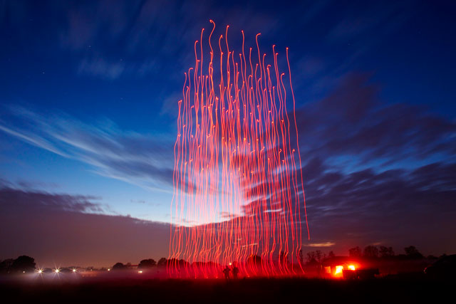 Drone 100 / Intel Performance
by Ars Electronica Futurelab digital artists and Intel Corp. 100 illuminated drones ascending skyward. Photograph: Intel Corporation.