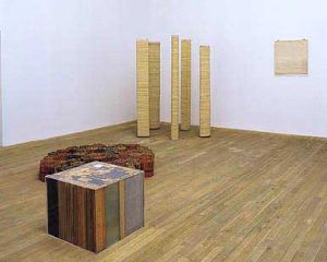 Background: Alighiero Boetti, Columns, 1968. Foreground: Contest between harmony and invention 1969. Front: Untitled 1967. Back: Little Coloured Sticks 1968.