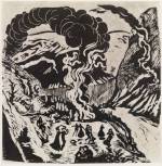 Nikolai Astrup. Midsummer Eve Bonfire, After 1917. Black and white woodcut on paper, 34.5 x 34 cm approx. Private collection.