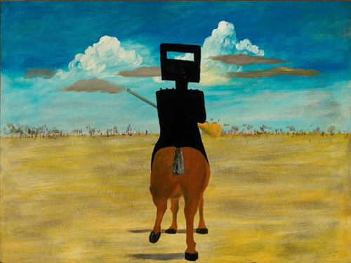 Sidney Nolan. Ned Kelly, 1946. Enamel on composition board, 90.8 x 121.5 cm. National Gallery of Australia, Canberra.