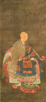 <em>Portrait of Shun’oku Myoha</em>. Painter unknown. Japanese, Nanbokucho period (1336-1392), ca. 1382-1383. Hanging scroll, ink and colors on silk; 114.3 x 52.0 cm. Collection of Sylvan Barnet and William Burto. Courtesy of Sylvan Barnet and William Burto.