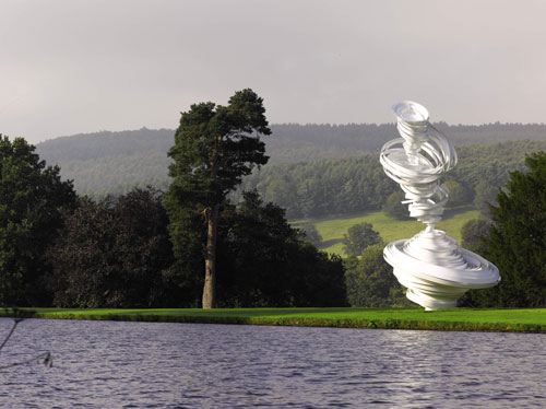 Alice Aycock. Cyclone Twist, 2013. Painted aluminum, Approximately 27’ high x 14’6” wide x 13’6” long. Edition of 2. To be installed at 57th street in Spring 2014. Temporarily installed at “Beyond the Limits: Sotheby’s at Chatsworth,” Derbyshire, UK, September 2013. Courtesy Alice Aycock / PAPC & Galerie Thomas Schulte, Berlin. Reproduced by permission of Sotheby’s.