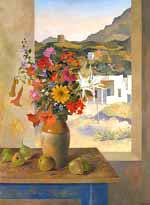 Justin O'Brien. Flowers with Pears, skyros Greece c.1967. Oil on canvas on board 61 x 44cm.