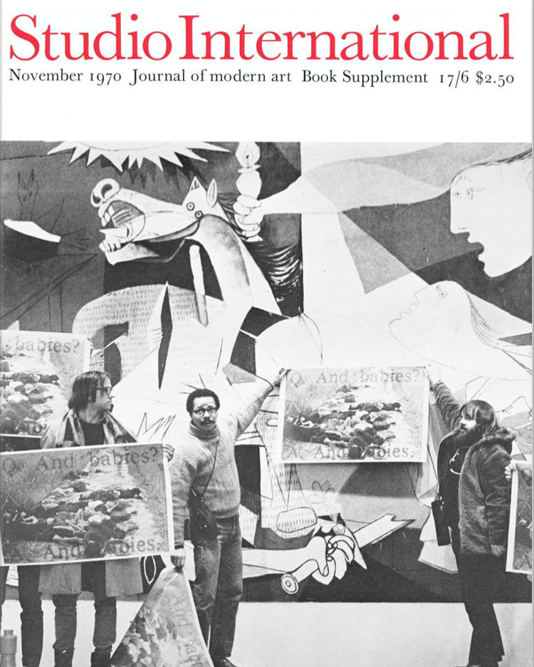 Studio International, 1970, November 1970, Volume 180 Number 927. Cover image. Members of the Art Workers' Coalition protesting in front of Picasso's Guernica in New York. Photo: Jan van Raay.