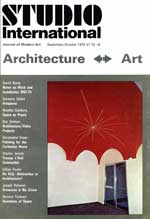 Studio International, September/October 1975, Volume 190 Number 977. Cover: Sol LeWitt's Lines from the centre of the red ceiling to various points, 1975, Samangallery, Genoa.
