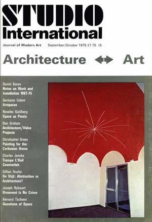 Studio International, September/October 1975, Volume 190 Number 977. Cover: Sol LeWitt's Lines from the centre of the red ceiling to various points, 1975, Samangallery, Genoa.