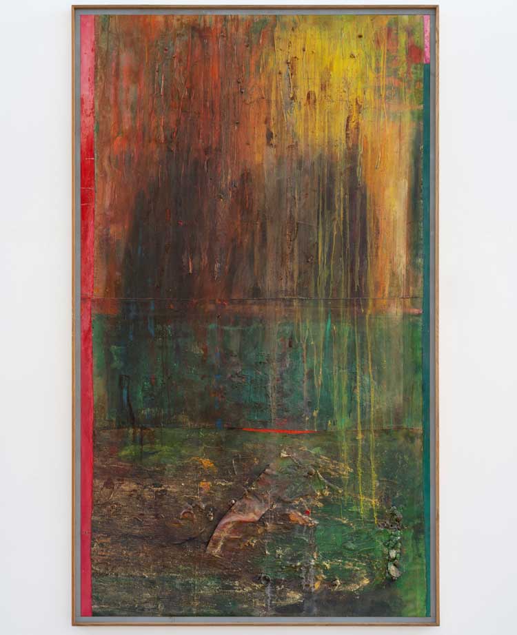 Frank Bowling, Pondlife (After Millais), 2007. Acrylic, acrylic gel and found objects on canvas with marouflage, 239.5 x 135.8 x 4.5 cm. Courtesy the artist and Hauser and Wirth. Photo: Damian Griffiths. © Frank Bowling. All rights reserved, DACS 2025.
