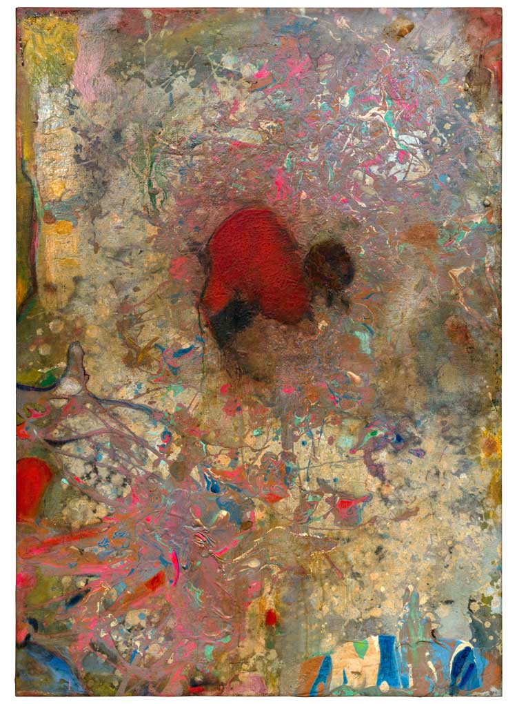 Frank Bowling, Potarospray, 1980. Acrylic on canvas, 116 x 81 x 5 cm. Courtesy the artist. Photo: Jess Littlewood. © Frank Bowling. All rights reserved, DACS 2025.