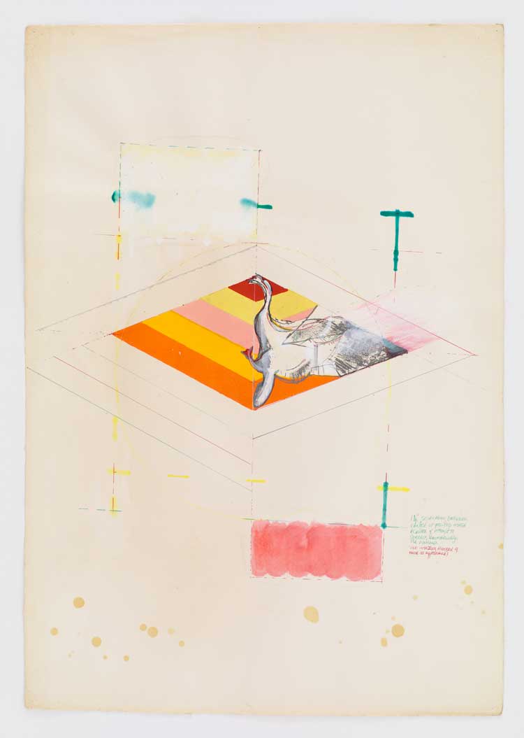 Frank Bowling, Swan Geometric Observation 1, 1965, Oil medium, pen, and pastel on paper, 57.1 x 40 cm. Courtesy the artist. Photo: Anna Arca. © Frank Bowling. All rights reserved, DACS 2025.