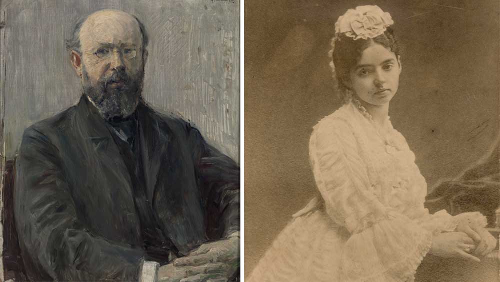 Left: Max Liebermann, Portrait of Prof. Dr. Carl Bernstein, 1892. Oil on cardboard, Private Collection, Switzerland. © SIK-ISEA, Zurich. Photo: Philipp Hitz. Right: Felicie Bernstein as Bride, 1872. © Stiftung Stadtmuseum Berlin.