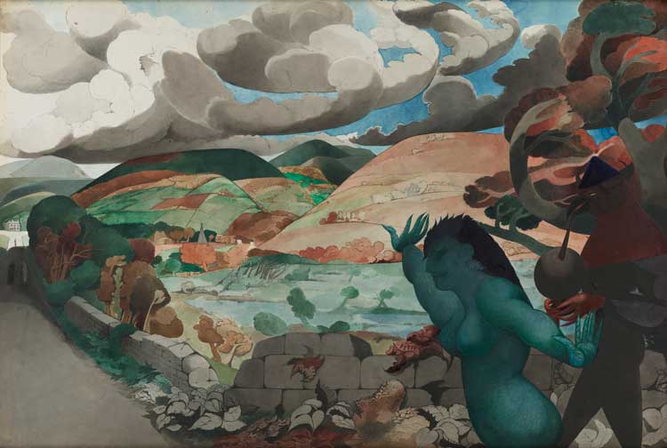 Edward Burra, Landscape with Birdman Piper and Fisherwoman, 1946. © The estate of Edward Burra. Private Collection.