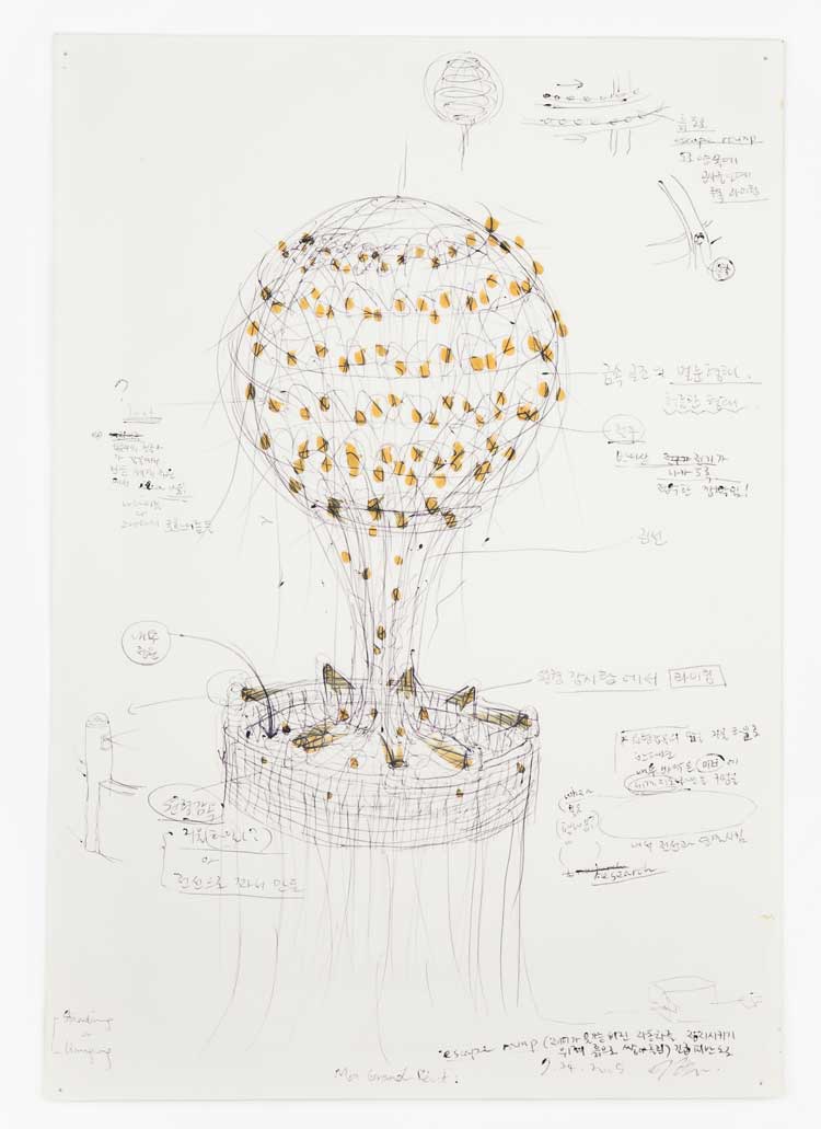 Lee Bul. Study for Mon grand récit, 'Circular Prison', 2005. Ballpoint pen and marker on paper, 29.7 x 20.6 cm. © Lee Bul. Photo: Jeon Byung-cheol. Courtesy of the artist.