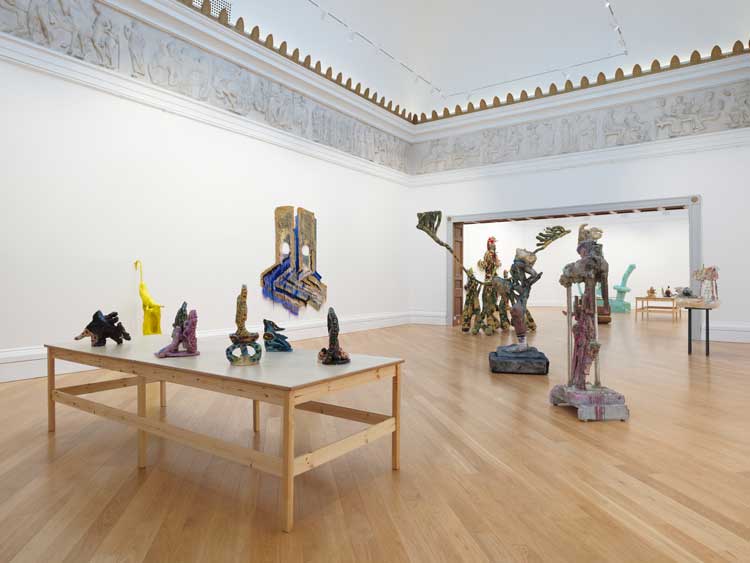 These Mad Hybrids, featuring: Caroline Achaintre, Eric Bainbridge, Phyllida Barlow, Olivia Bax, John Hoyland, Hew Locke, Anna Reading, Jessi Reaves, Andrew Sabin, John Summers and Chiffon Thomas. Installation view at RWA, Bristol, 2024. Photo: Tim Bowditch.