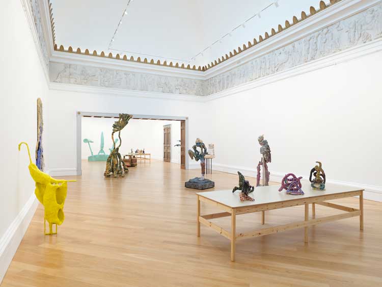 These Mad Hybrids, featuring: Caroline Achaintre, Eric Bainbridge, Phyllida Barlow, Olivia Bax, John Hoyland, Hew Locke, Anna Reading, Jessi Reaves, Andrew Sabin, John Summers and Chiffon Thomas. Installation view at RWA, Bristol, 2024. Photo: Tim Bowditch.