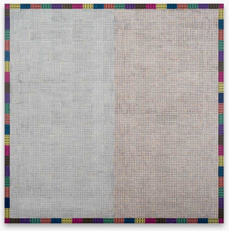McArthur Binion, Visual:Ear(Sound Grammar), 2024. Graphite, ink, paintstick and paper on board, 213.4 x 213.4 x 5.5 cm (84 1/8 x 84 1/8 x 2 1/4 in). Courtesy the artist and Xavier Hufkens.
