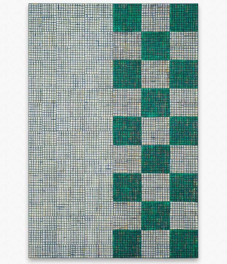 McArthur Binion, Visual:Ear, 2023. Ink, paper and paintstick on board, 182.9 x 121.9 x 5.5 cm (72 1/8 x 48 x 2 1/4 in). Courtesy the artist and Xavier Hufkens.
