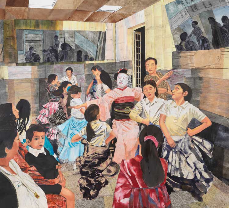 María Berrío. Memento Vivere, 2024. Collage with Japanese papers and watercolor paint on canvas, 271.1 x 297.8 cm (106 3/4 x 117 1/4 in). © María Berrío. Courtesy the artist and Victoria Miro.