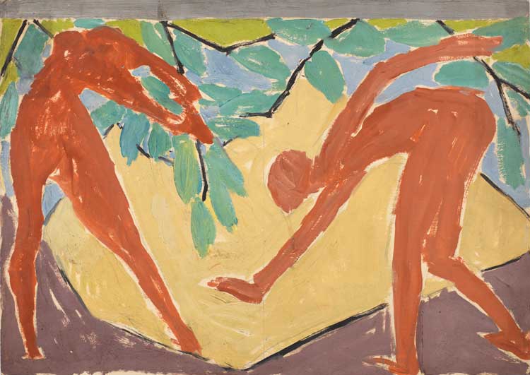 Vanessa Bell, Design for a folding screen - Adam and Eve, 1913–14. Graphite, bodycolour and oil paint on wove paper, The Courtauld, London (Samuel Courtauld Trust). © Estate of Vanessa Bell. All rights reserved, DACS 2024.