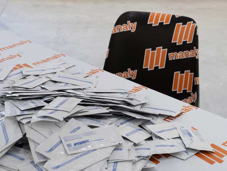 Table & Chairs; Healthy Gums.
Healthy Life. Wet wipes, slogan. Installation view, Hildigunnur Birgisdóttir: That’s a Very Large Number: A Commerzbau, Iceland Pavilion, Arsenale, Venice, April 2024. Photo: Ugo Carmeni.