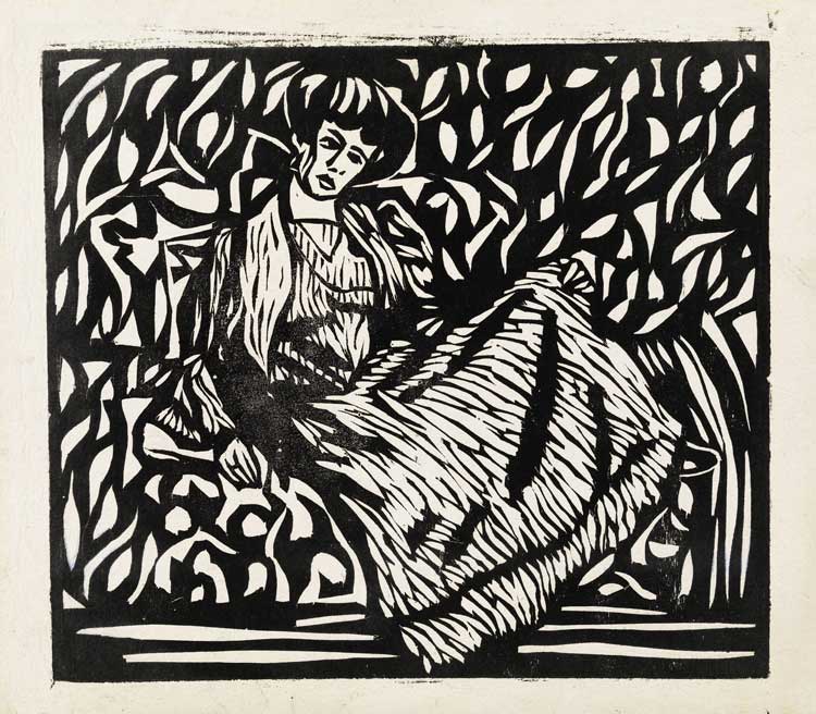 Ernst Ludwig Kirchner, Dodo, Sitting, in a Striped Dress, 1906. Woodcut, Brücke-Museum.