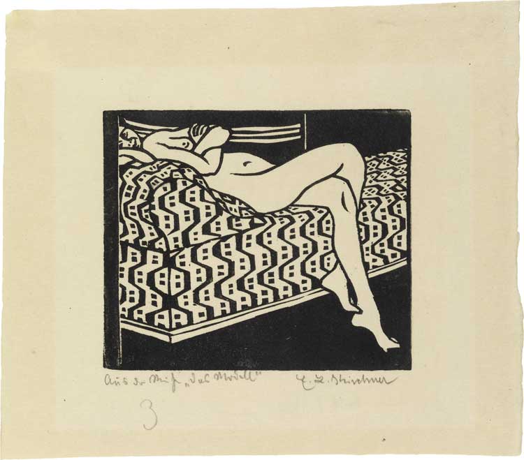 Ernst Ludwig Kirchner, Nude Girl on a Sofa – The Model 3, from the woodcut series Das Modell, 1905. Woodcut, Brücke-Museum.