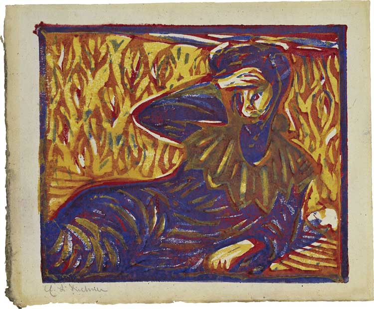 Ernst Ludwig Kirchner, Resting Girl
with a Headache, 1906. Coloured woodcut. Brücke-Museum.