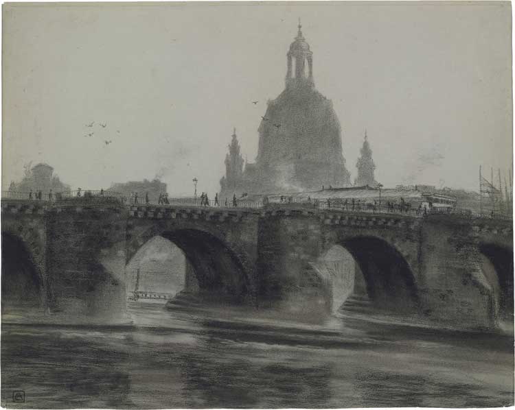 Fritz Bleyl, Augustus Bridge in Dresden with Frauenkirche, 1905. Charcoal and chalk. Brücke-Museum. © Bleyl, Berlin/Solingen.
