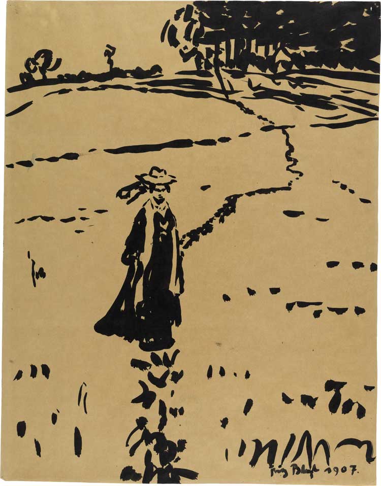 Fritz Bleyl, Woman on the meadow path, 1907. Ink and brush, Brücke-Museum. © Bleyl, Berlin/Solingen.