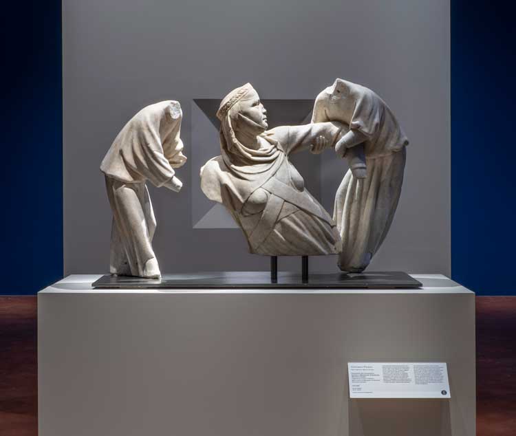 Giovanni Pisano, Fragments of the Funerary Monument of Margaret of Brabant (Elevatio animae), 1312–1314, Apuan marble, 78 × 118.2 × 33.8 cm. Genoa, Museo di Sant’Agostino. Installation view, Broken. The Power of the Fragment, Palazzo Strozzi, Florence, 25 September 2026 – 24 January 2027. Photo: Ela Bialkowska, OKNO Studio.