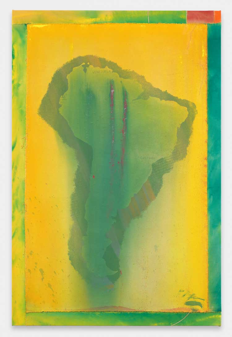 Frank Bowling, Yellow Map, 2025. Acrylic on canvas with marouflage, 161.5 x 107.3 x 4.5 cm. Courtesy the artist. Photo: Anna Arca. © Frank Bowling. All rights reserved, DACS 2025.