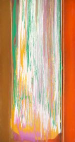 Frank Bowling, Lenoraseas, 1976. Acrylic on canvas, 223 x 118 cm. Courtesy the artist. Photo: Charlie Littlewood. © Frank Bowling. All rights reserved, DACS 2025.