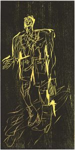 Georg Baselitz, Poet in Stiefeln, 2008. Colour woodcut. © Georg Baselitz. Photo: Jochen Littkemann.
