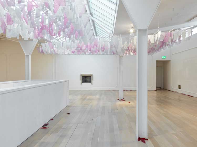 Martin Boyce. Future Blossom (for Yokeno Residence), 2022; Same Day, 2015; Ventilation Grills (for an Apartment Building,) 2003; Somewhere there are Trees, 2022. Installation view, Fruitmarket, Edinburgh, 2024. Photo: Stefan Altenburger.