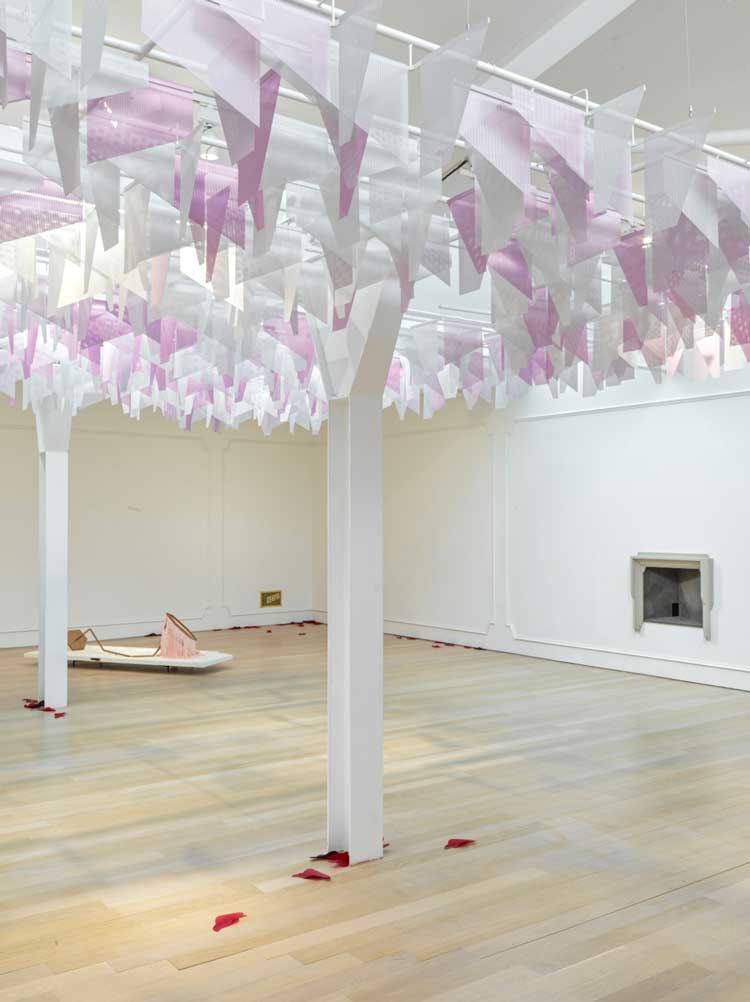 Martin Boyce. Future Blossom (for Yokeno Residence), 2022; Dead Star (Reclining), 2017; Ventilation Grills (for an Apartment Building,) 2003; Somewhere there are Trees, 2022; Same Day, 2015. Installation view, Fruitmarket, Edinburgh, 2024. Photo: Stefan Altenburger.